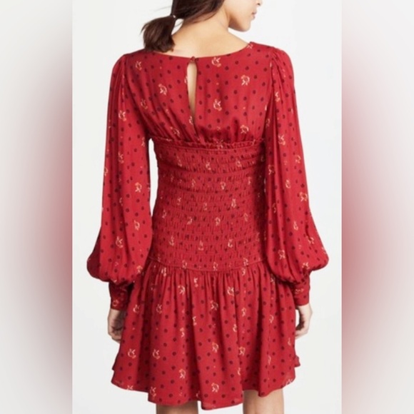 Free People Flirty Coquette Smocked Mini Dress Red Floral Puff Sleeve Size Small - Picture 2 of 14